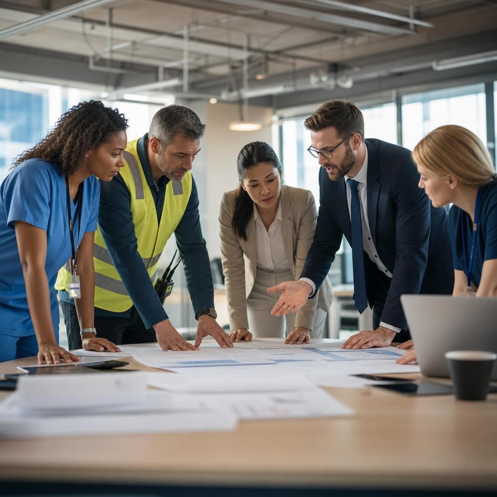 Professionals from healthcare, engineering, business and IT collaborating around a table
