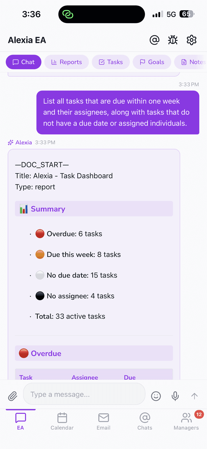 Alexia mobile app creating a report from a chat request, with a summary of tasks and priorities