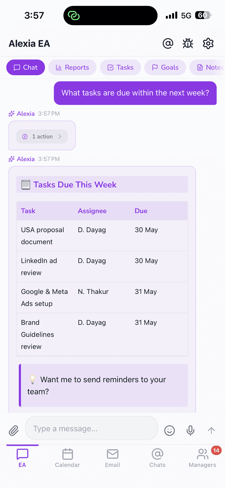 Alexia mobile app showing the tasks list with priorities and due dates