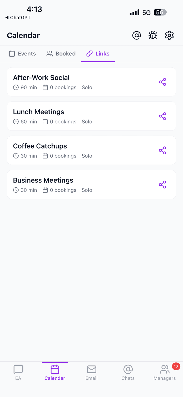 Alexia mobile app showing the calendar with upcoming meetings