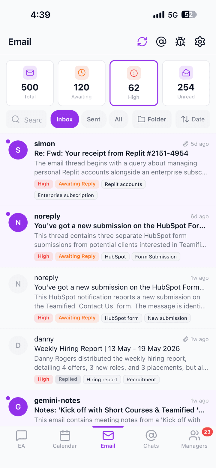 Alexia mobile app showing the unified inbox with messages and updates
