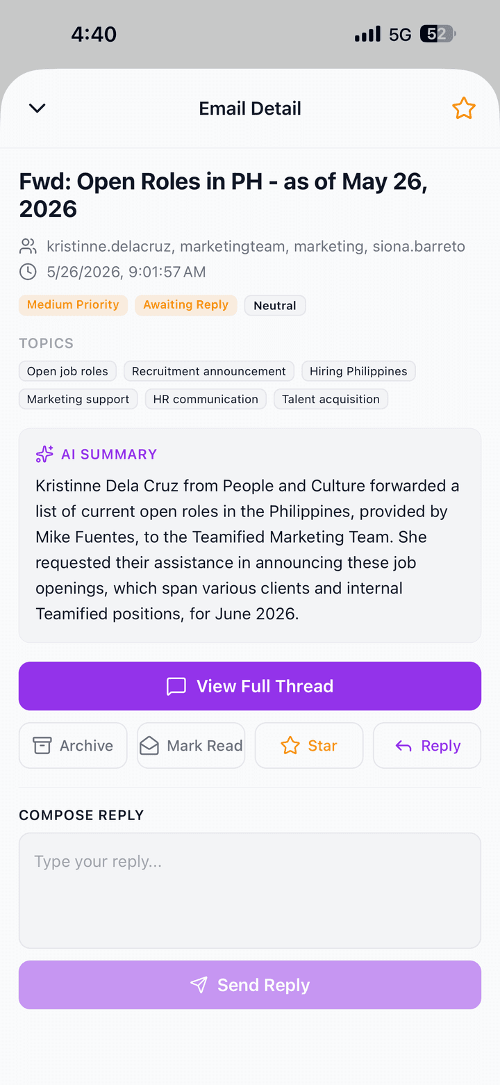 Alexia mobile app showing an email with AI-suggested actions