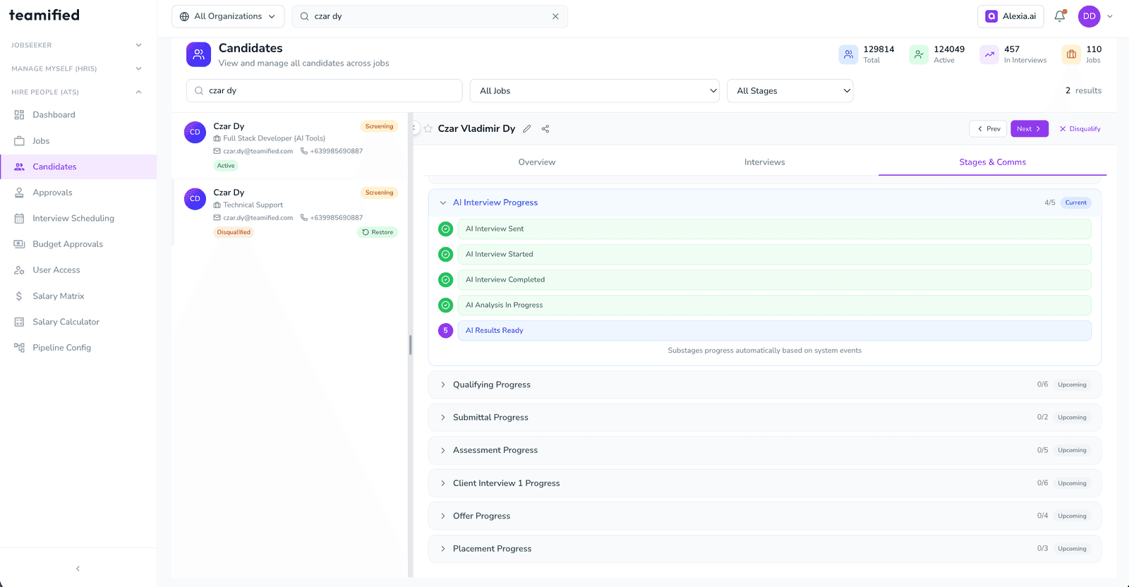 Teamified ATS pipeline showing automated AI interview stage transitions and human decision points