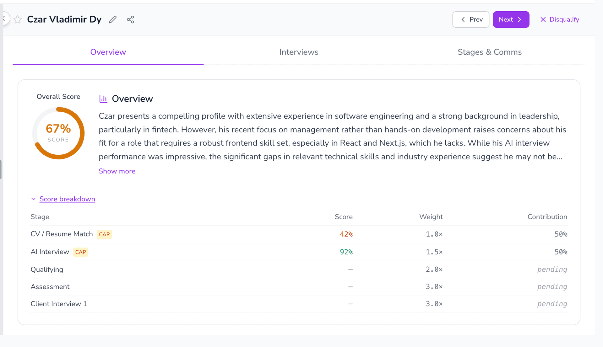 Teamified ATS overall candidate score showing CV match, AI interview score and weighted breakdown