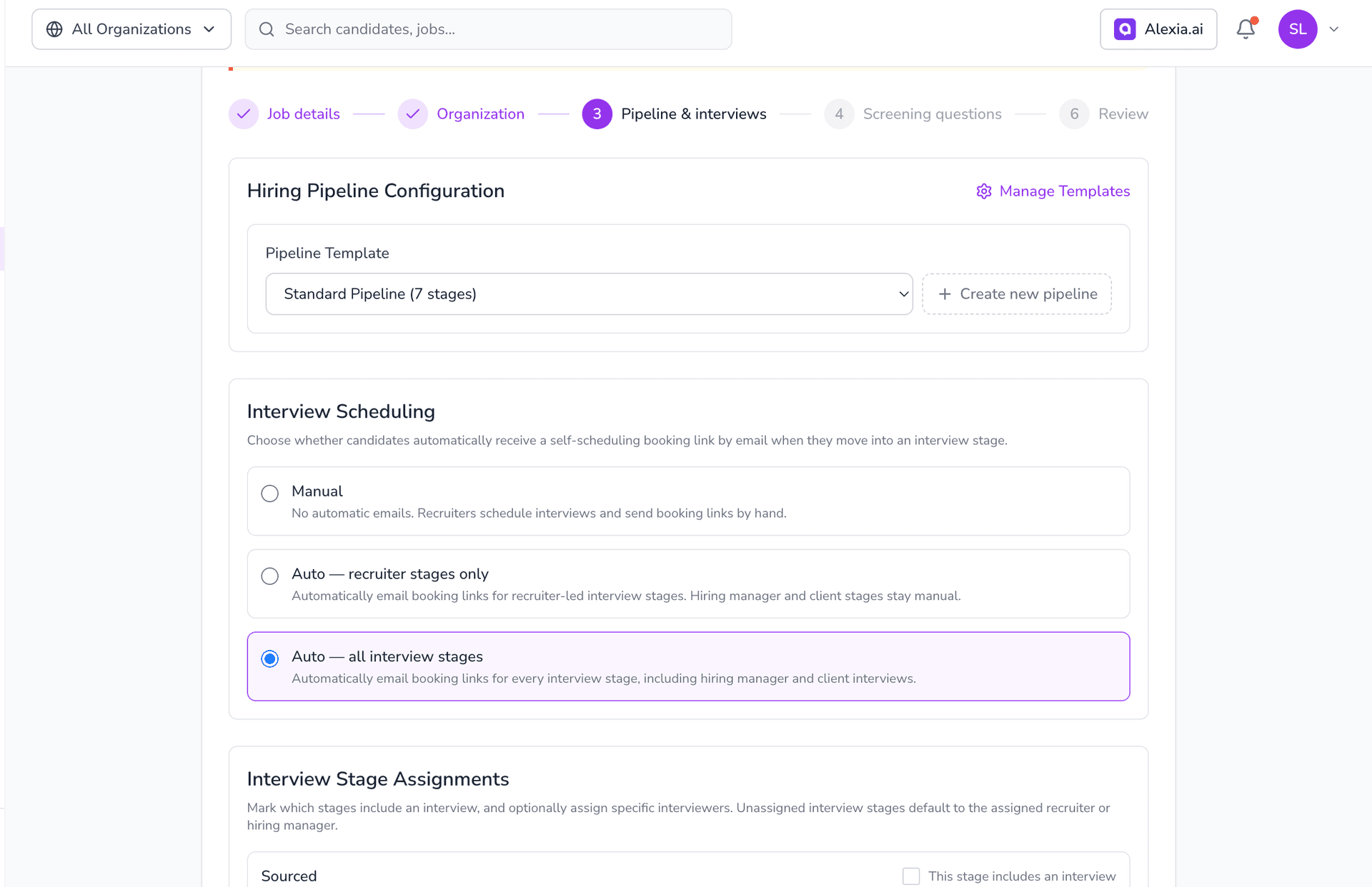 Teamified ATS hiring pipeline configuration showing the Standard Pipeline template and interview scheduling options