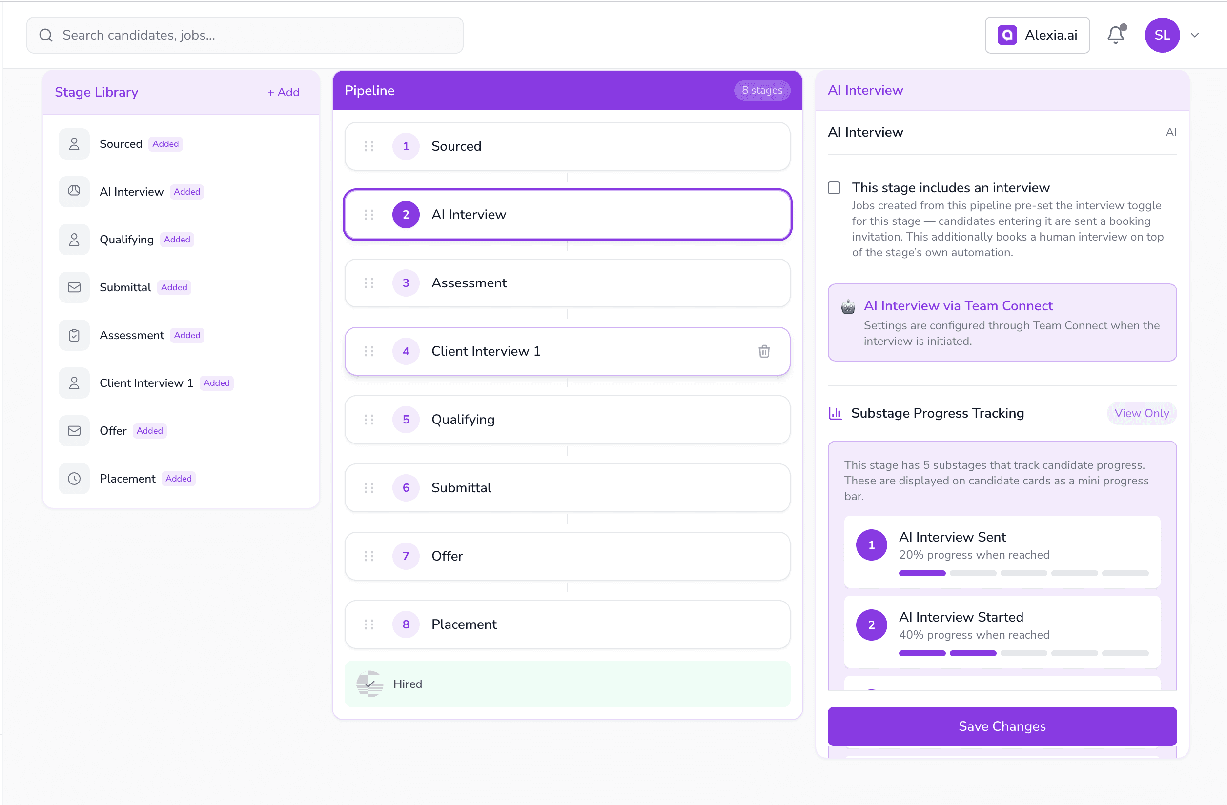Teamified ATS stage builder showing the Stage Library, pipeline order and AI Interview stage detail panel