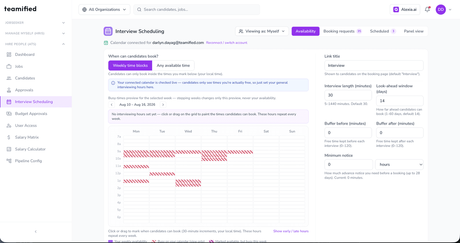 Teamified availability settings showing scheduling rules and calendar configuration
