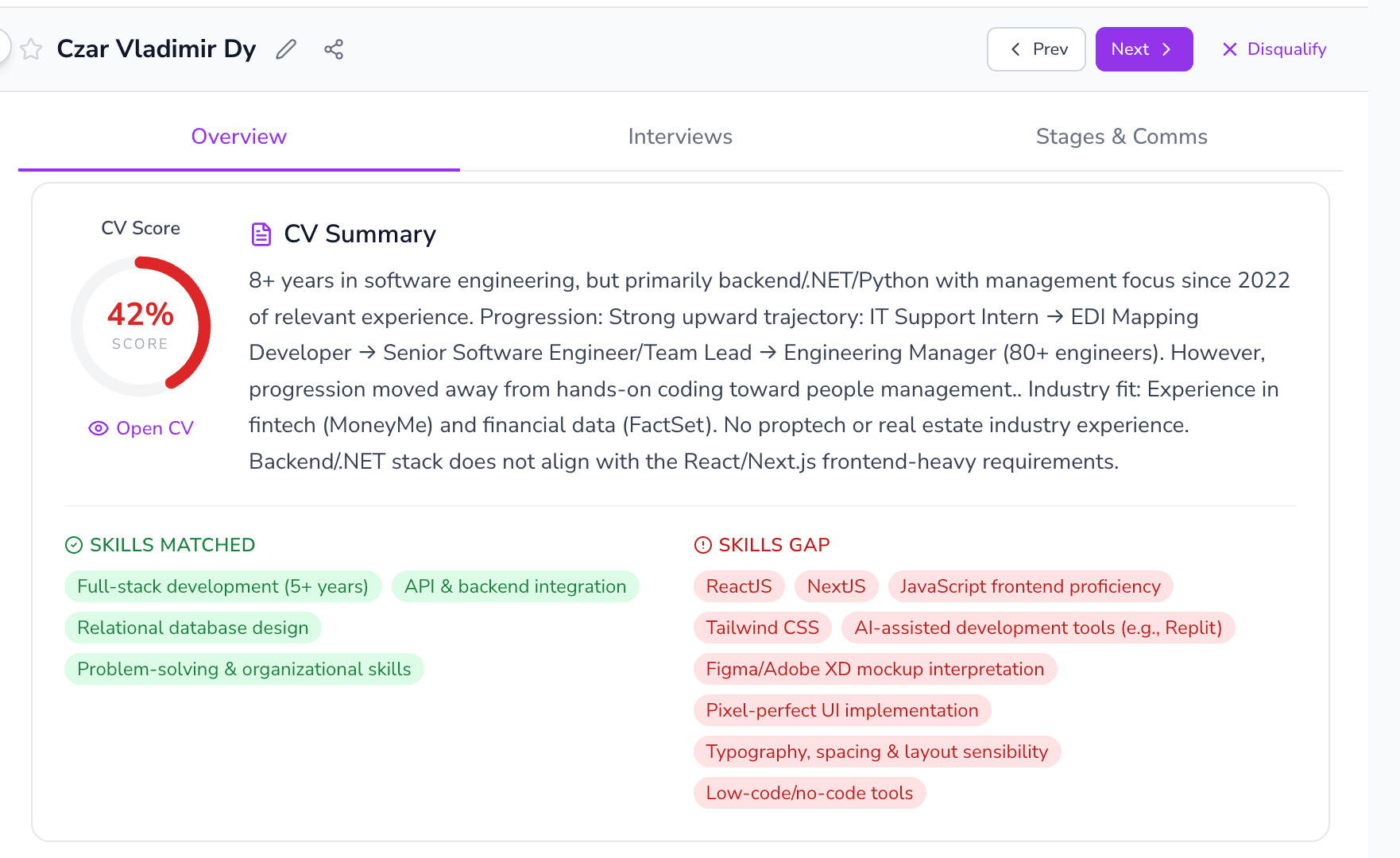 Teamified ATS résumé analysis showing CV score, skills matched and skills gap