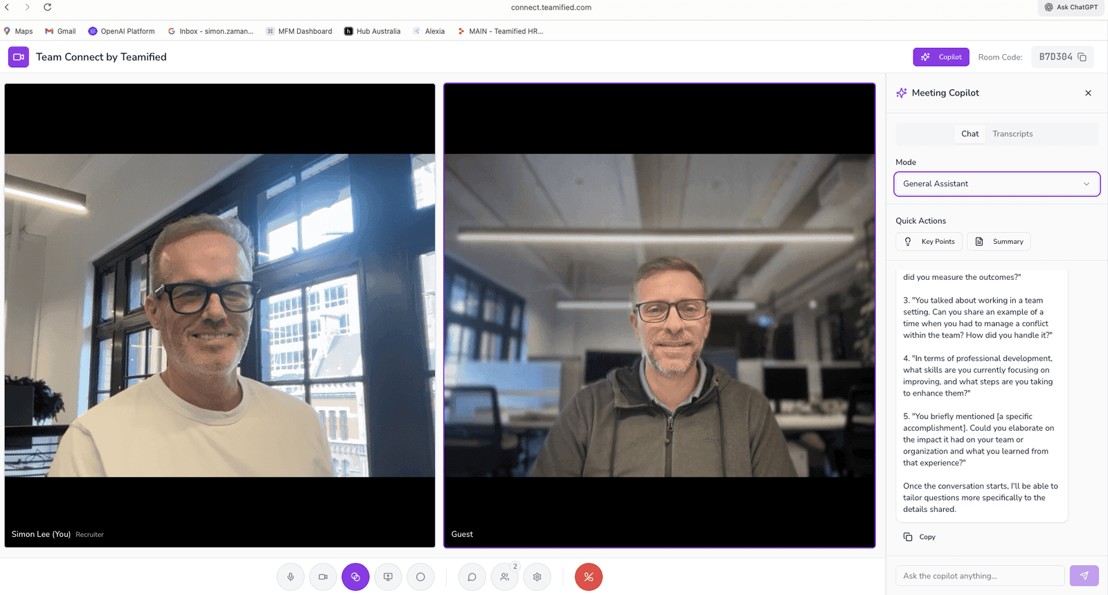 Team Connect video call with the Meeting Copilot sidebar open