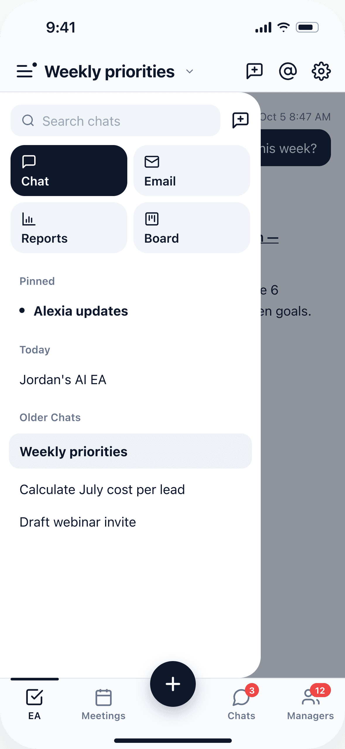 Alexia mobile Executive Assistant screen with its navigation menu open