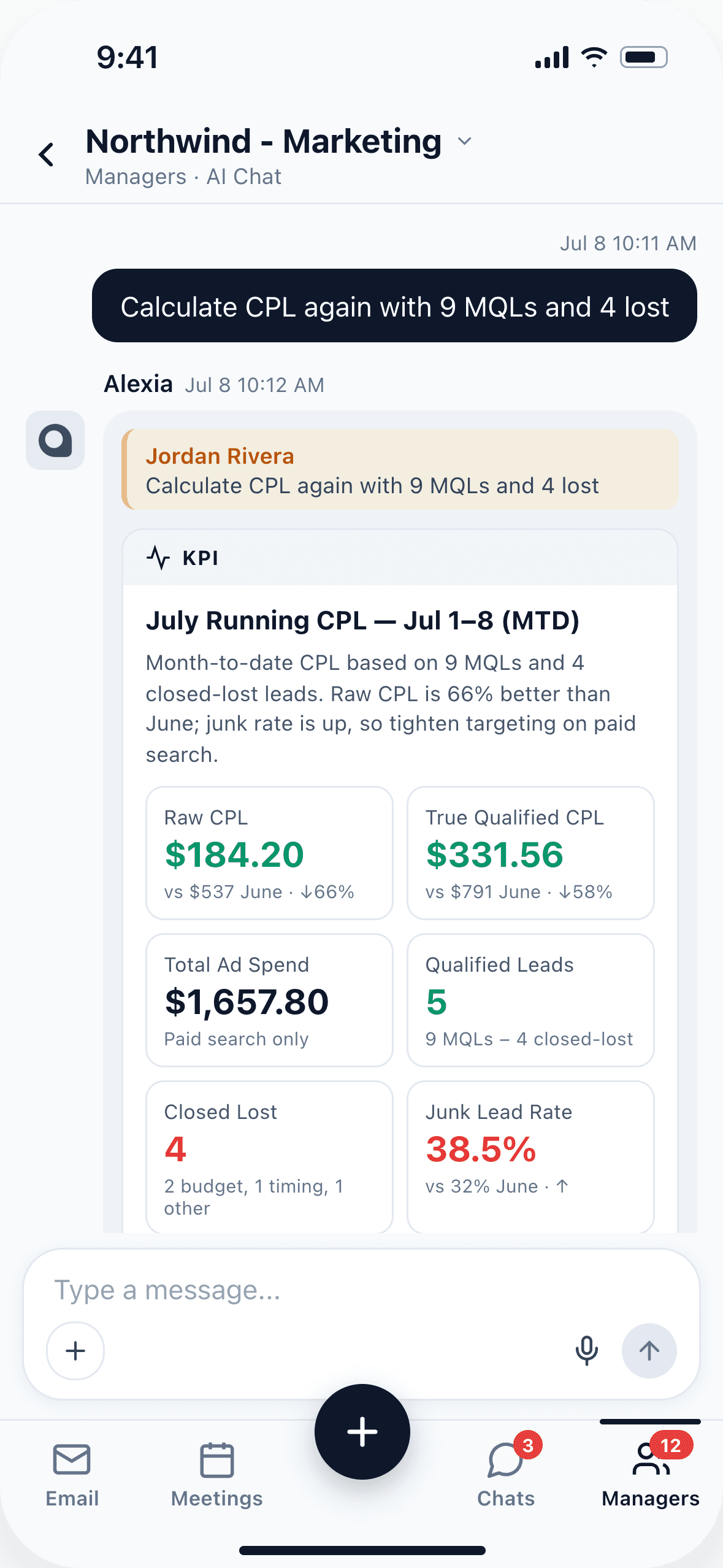 Alexia mobile AI chat with an analytics answer and KPI cards