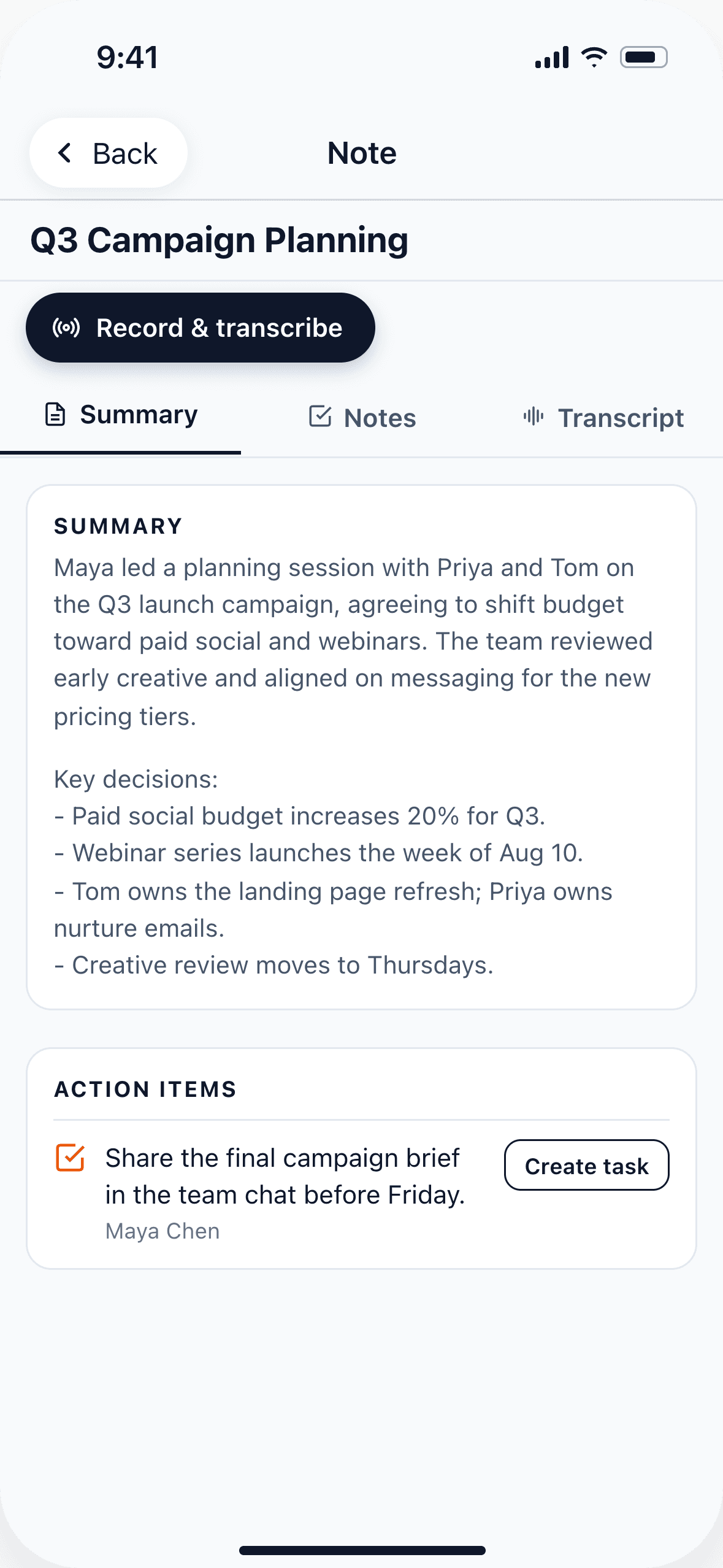 Alexia mobile meeting notes with a summary and action items