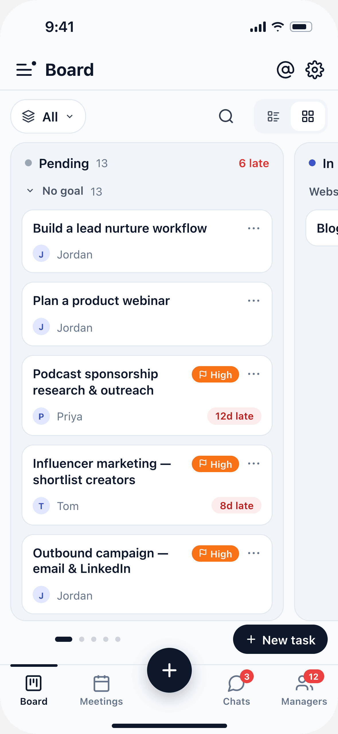 Alexia mobile task board with grouped tasks and progress indicators