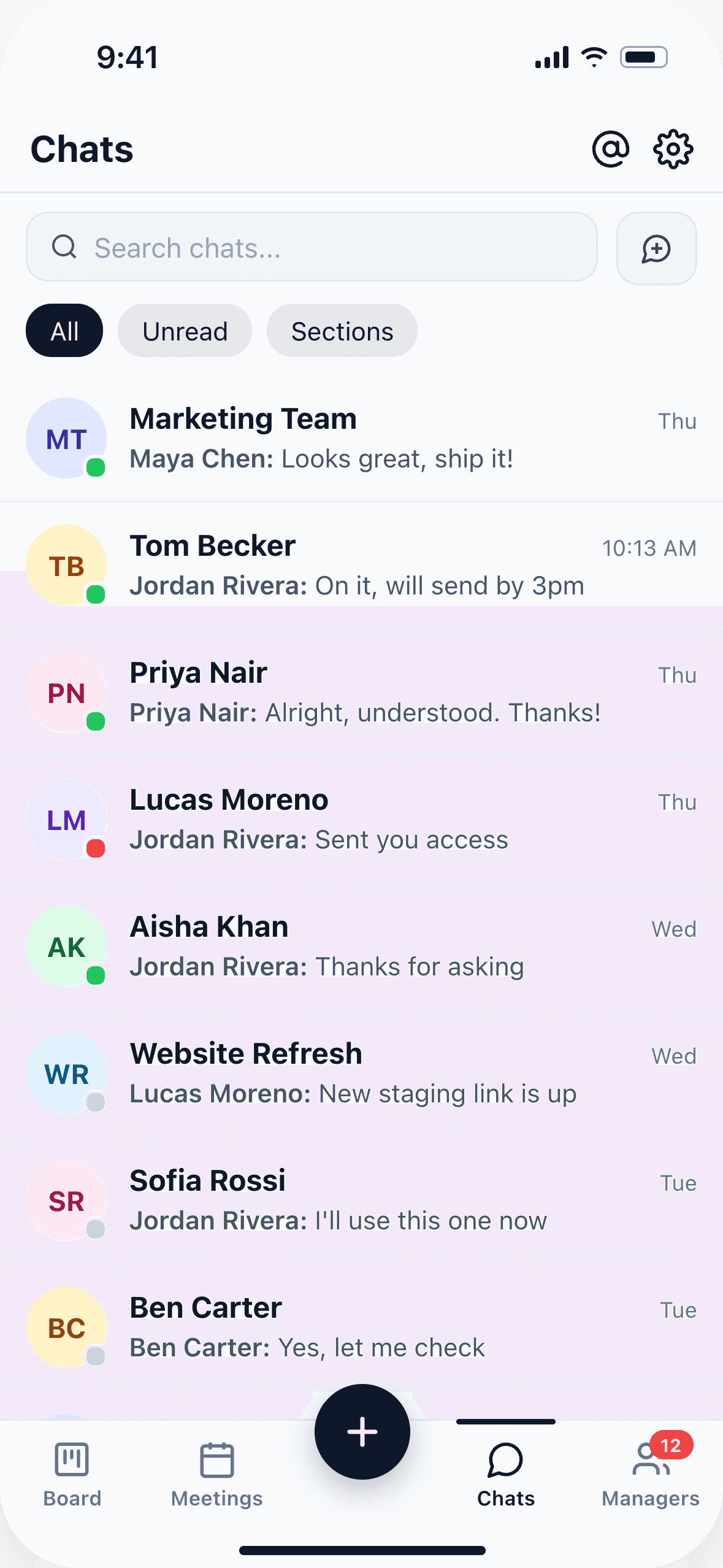 Alexia mobile chats list with recent conversations