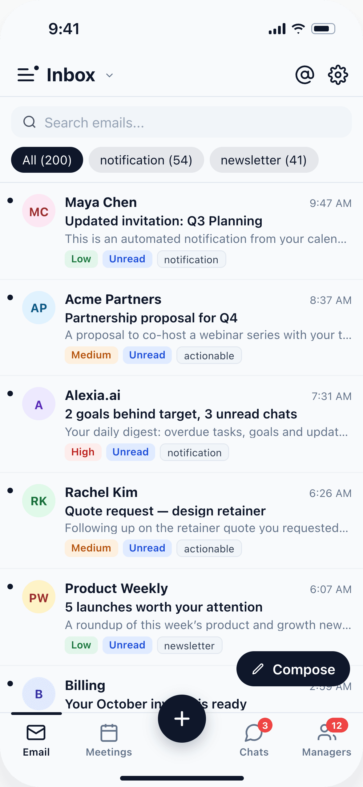 Alexia mobile inbox with message filters and email previews