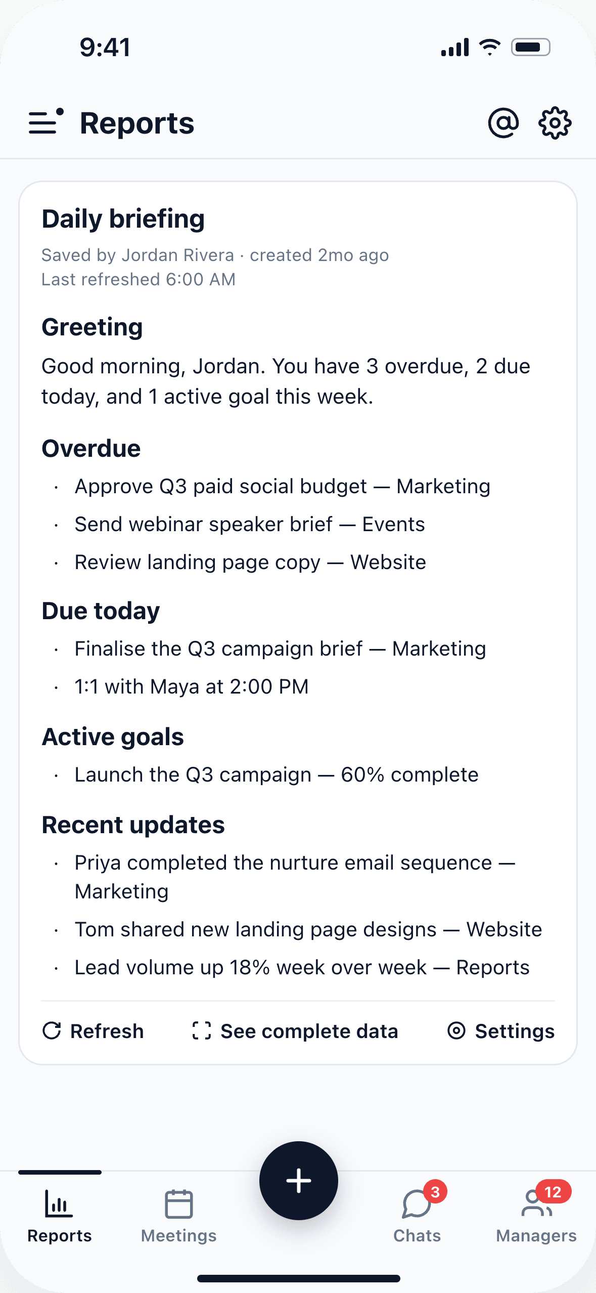 Alexia mobile daily briefing with priorities, updates and actions