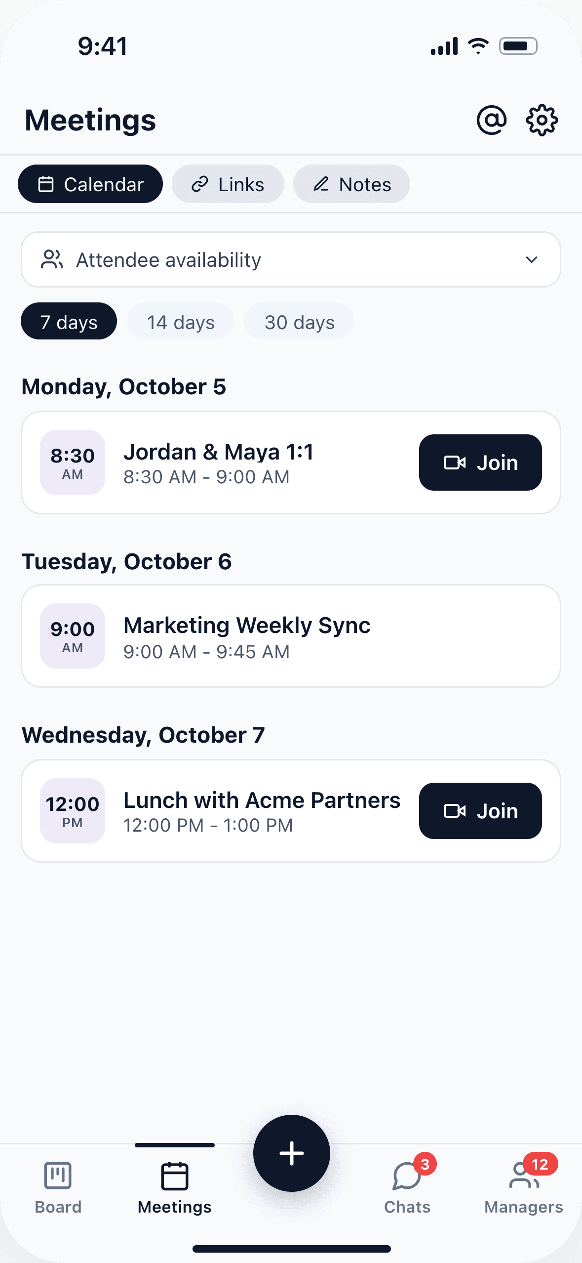 Alexia mobile meeting calendar with upcoming events and join controls