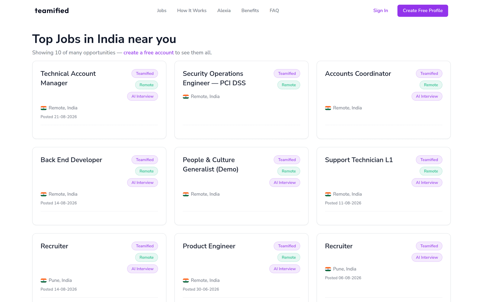 The live Teamified job board at jobseeker.teamified.com showing open roles across the client network with remote and AI interview tags