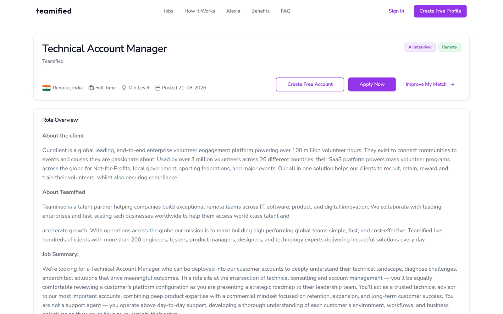 A role page on the jobseeker platform with the AI interview tag, apply options and the Improve My Match assistant entry point