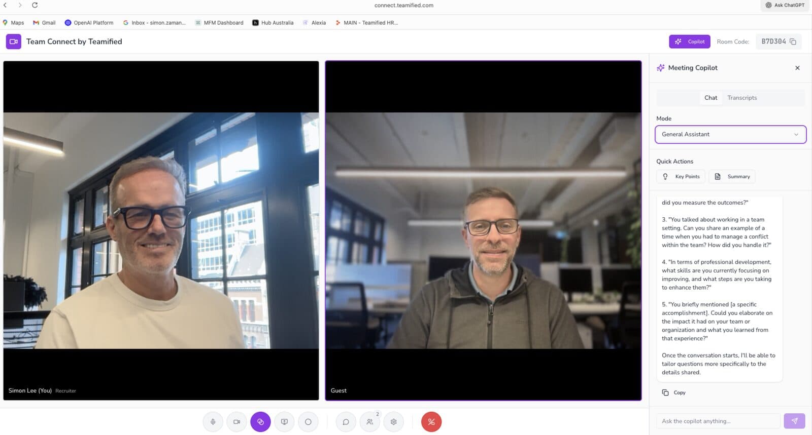 Team Connect: a live interview room with two participants and the Meeting Copilot panel suggesting interview questions