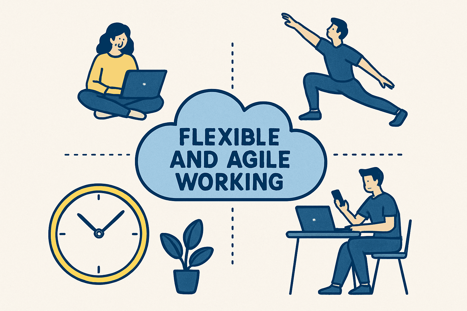 Illustration of flexible and agile working, with people working at different times and places