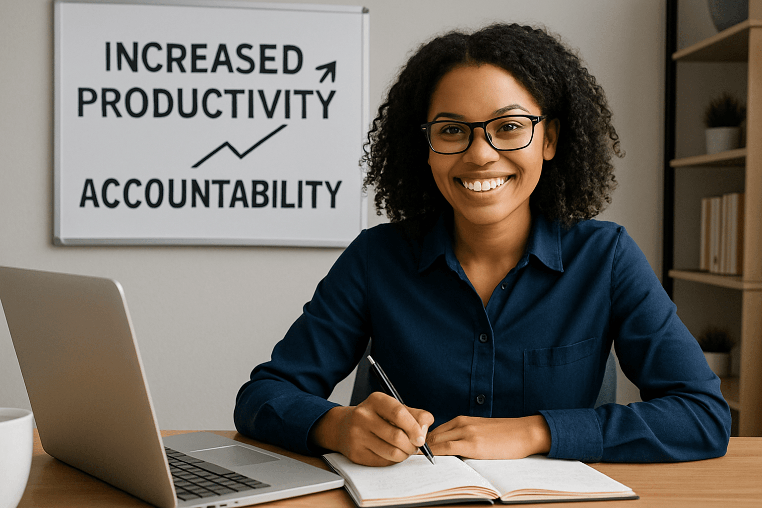 Smiling employee taking notes at her desk beside an increased productivity and accountability board