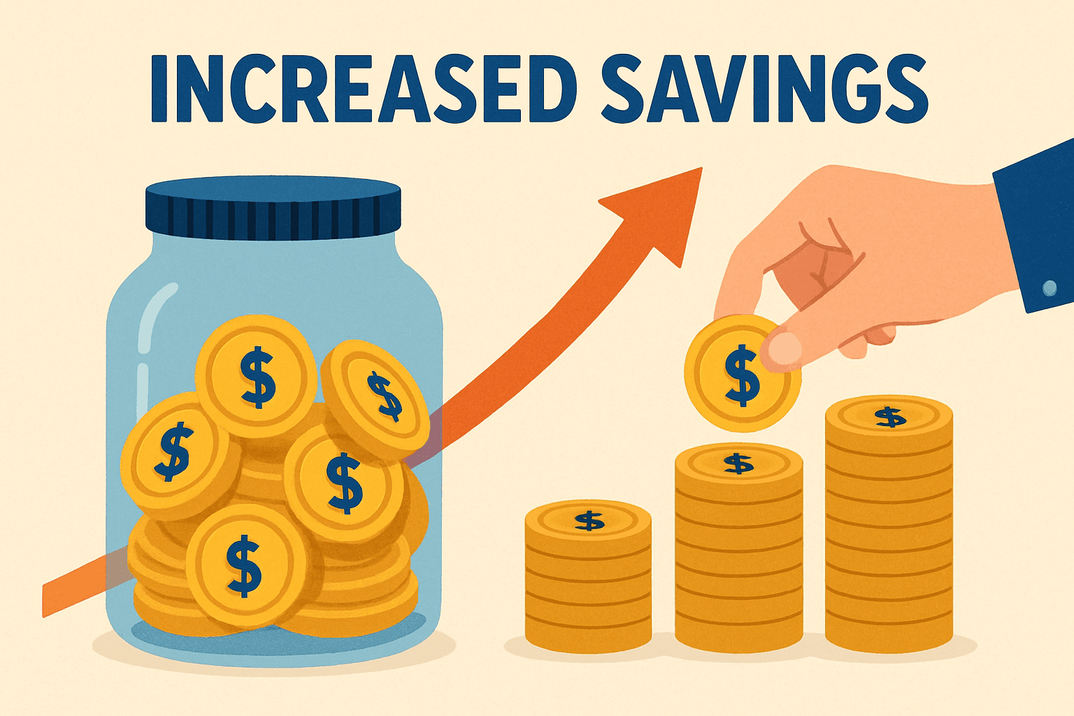 Illustration of a savings jar and growing stacks of coins representing increased savings