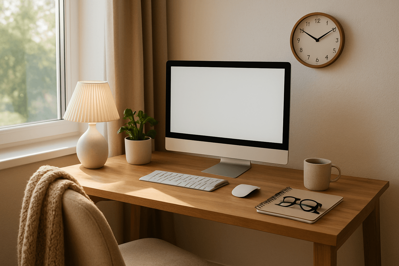 Cosy home office desk with a computer, lamp, plant and notebook