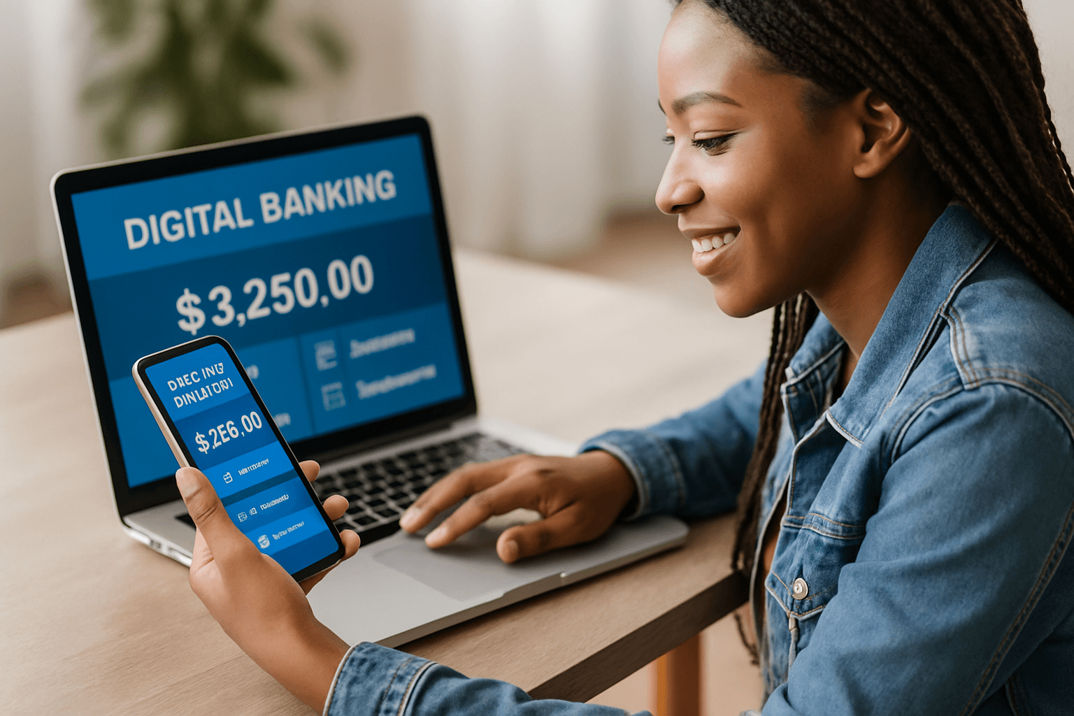 Woman using digital banking apps on her phone and laptop