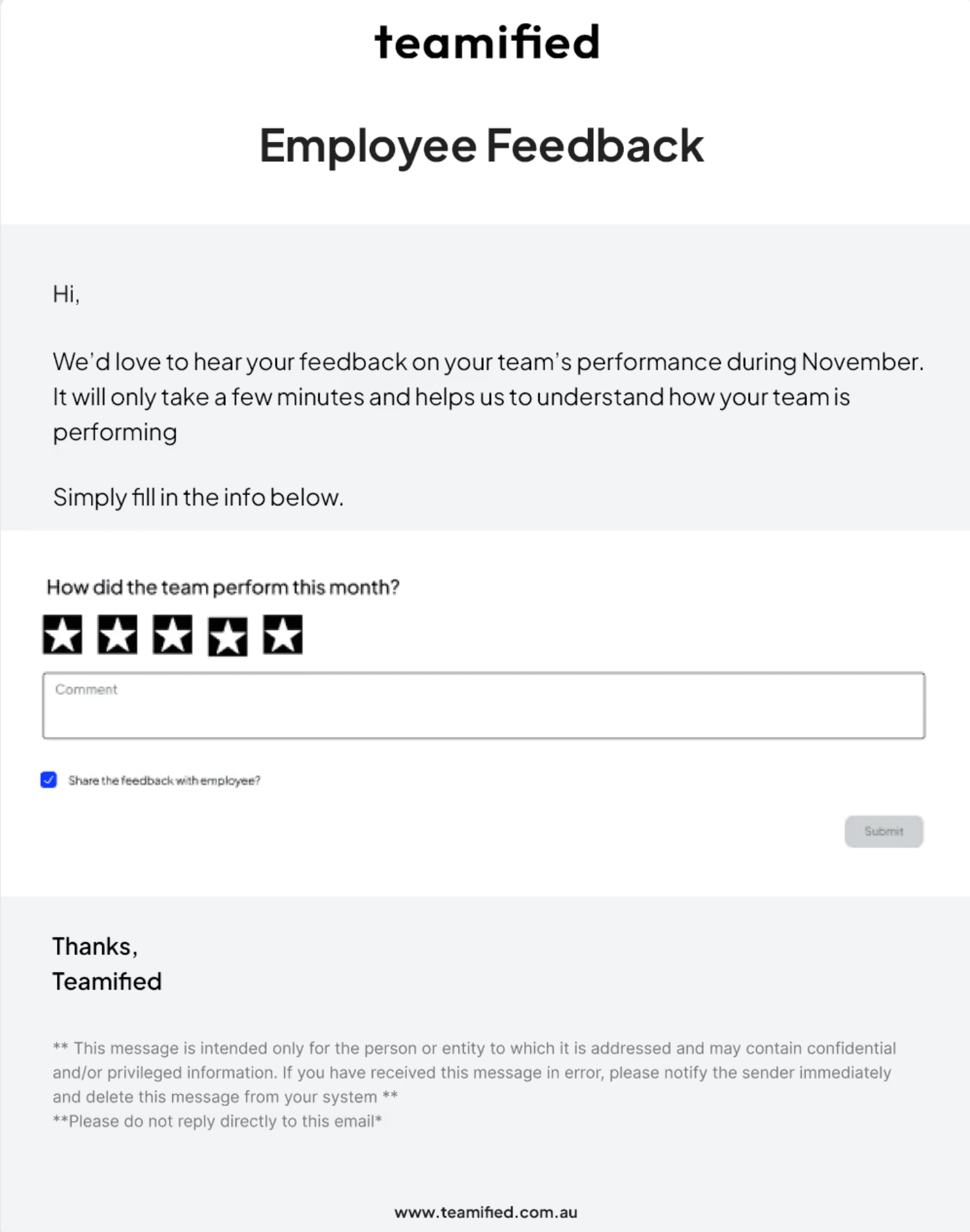 Monthly employee performance feedback email with star rating