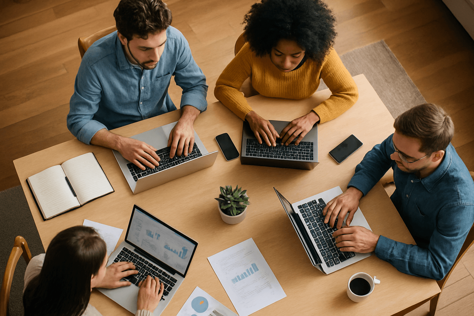 Self-sufficient remote team collaborating around a shared table