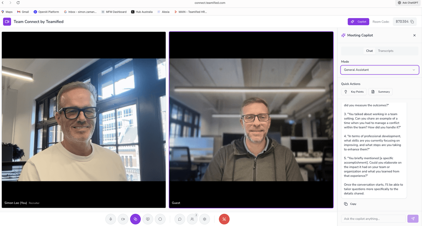Team Connect video call with the Meeting Copilot sidebar open