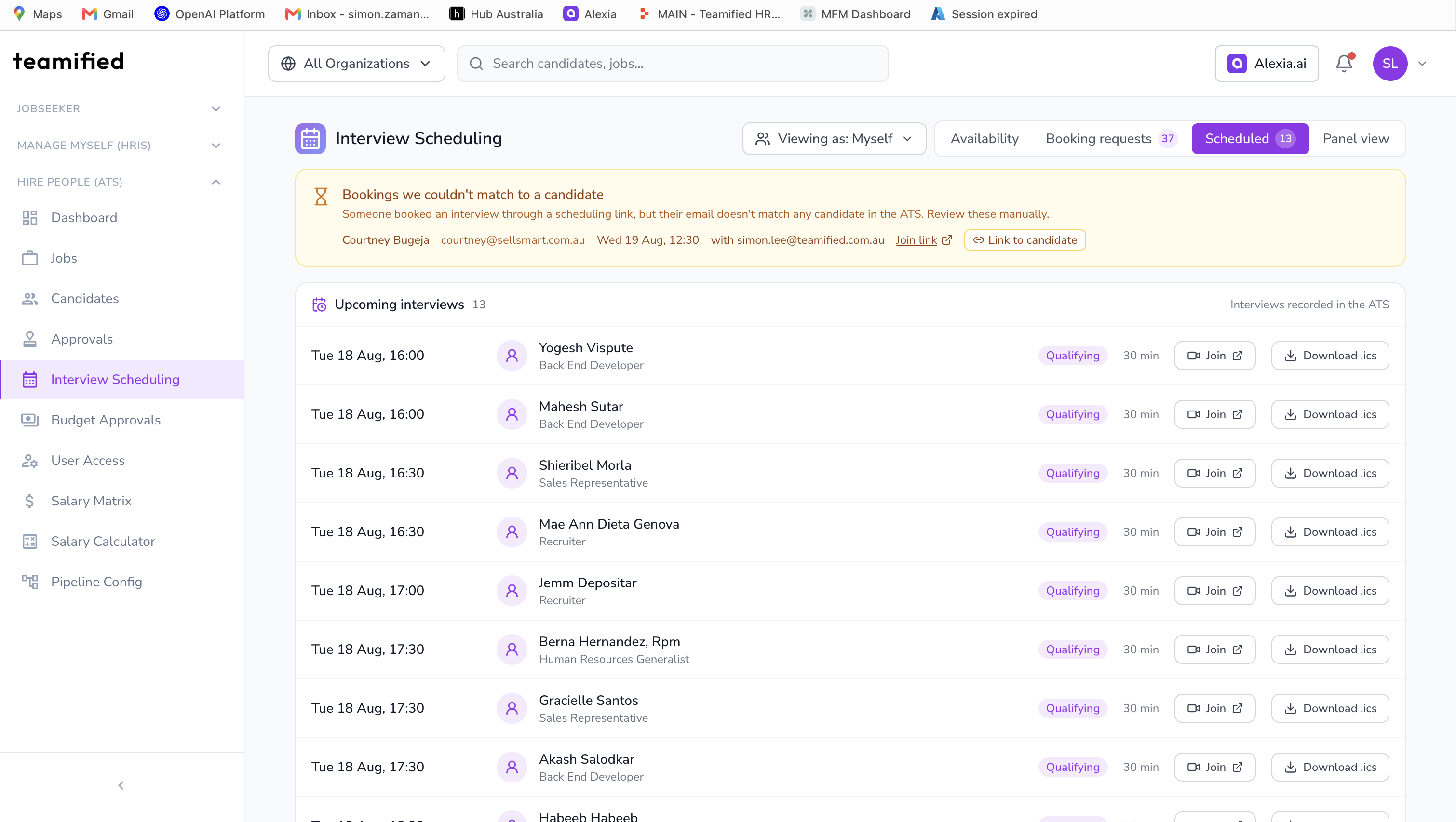 Teamified interview scheduling screen showing a confirmed interview with time slot, participants, and status