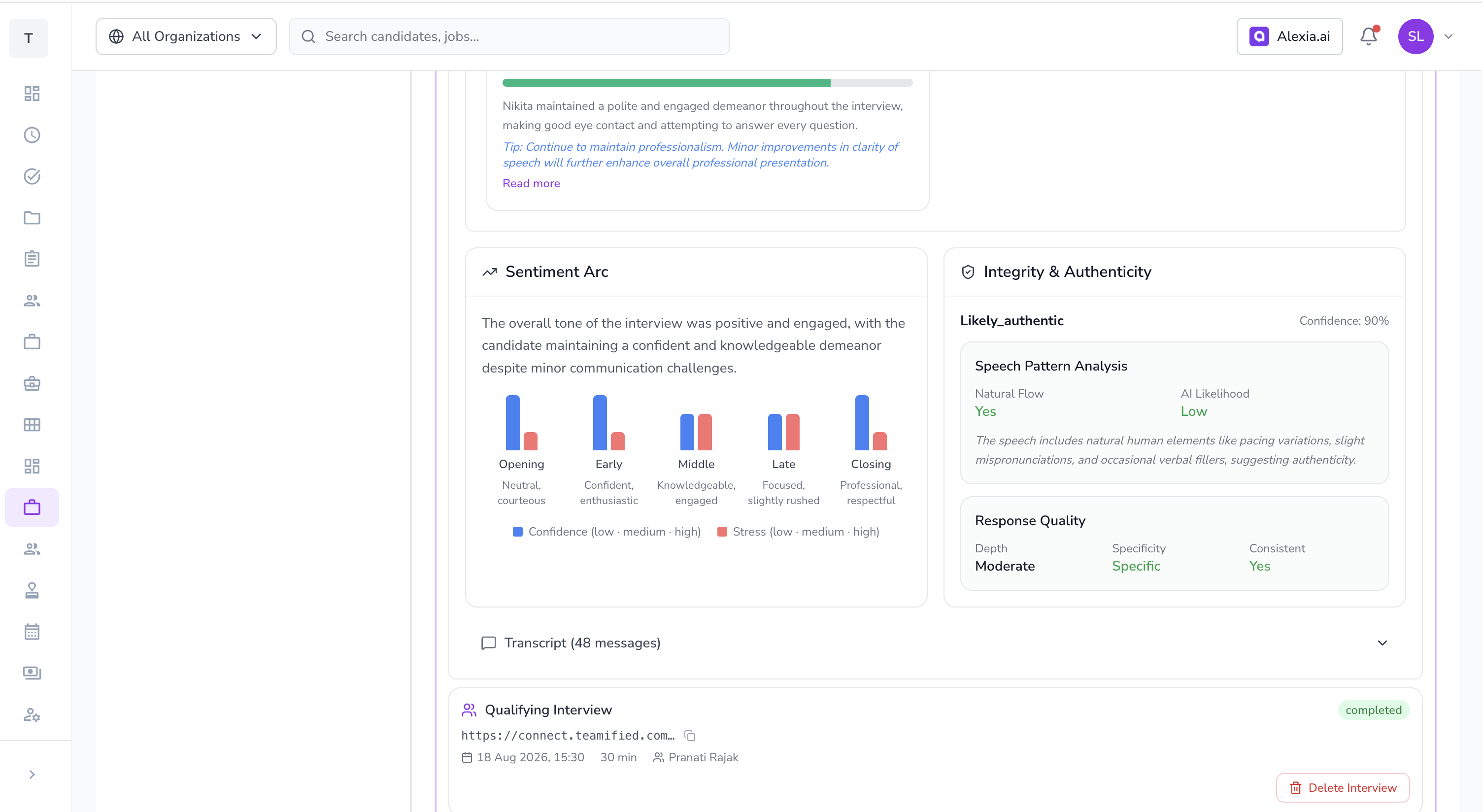 Teamified sentiment and integrity analysis screen flagging inconsistencies and signals detected during the interview