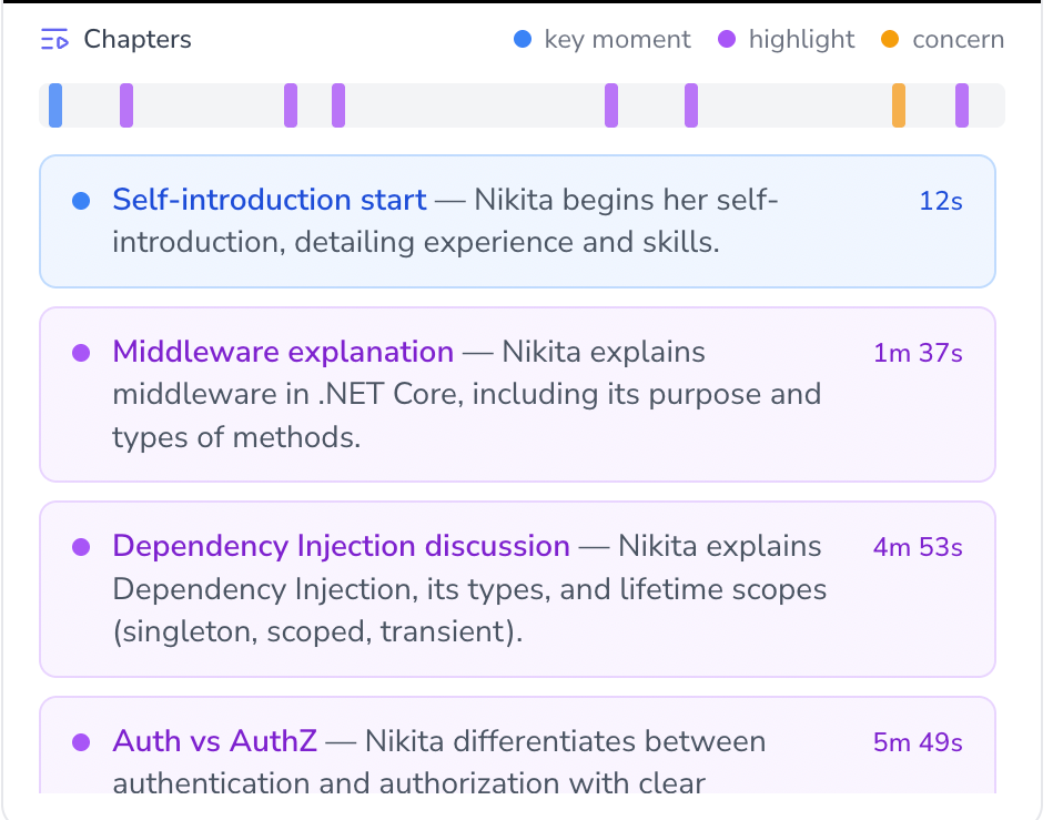 Teamified interview chapters view breaking the recorded interview into timestamped, jumpable sections