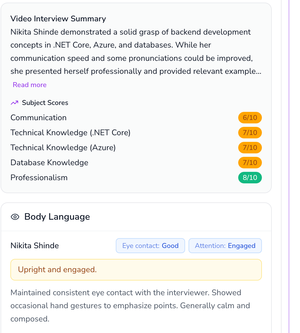 Teamified interview summary showing per-dimension scores for a candidate's interview responses