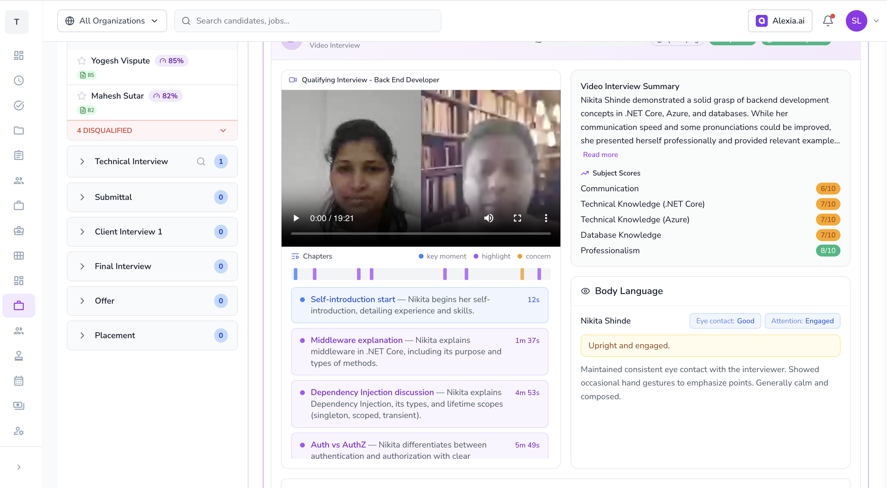 Teamified interview review screen showing a candidate's recorded async video interview with transcript and evaluation panel